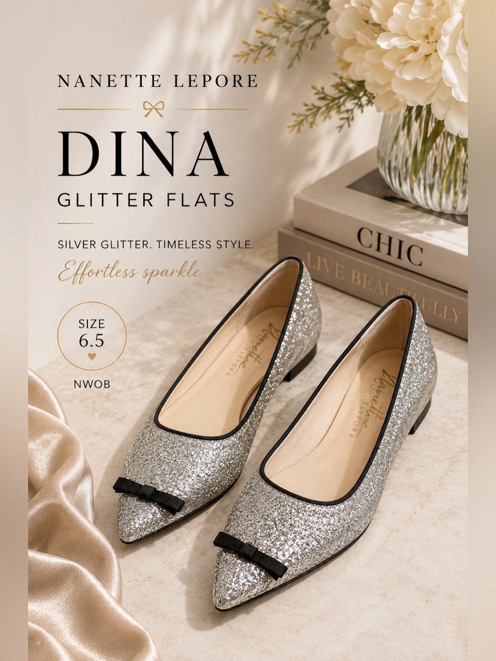 Nanette Lepore Dina Silver Glitter Pointed Toe Flats Size 6.5